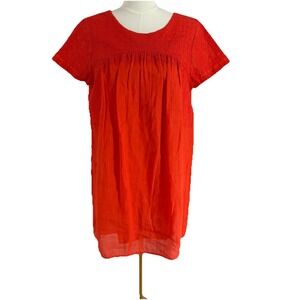 Lucky Brand Womens 100% Ramie Mini Dress Medium Orange Cross Stitch Boho Coastal